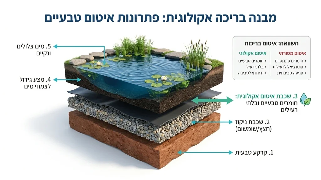 נוצר על ידי מודל בינה מלאכותית Gemini Pro בריכה אקולוגית טבעית עם צמחיית מים ומערכת סינון ירוקה