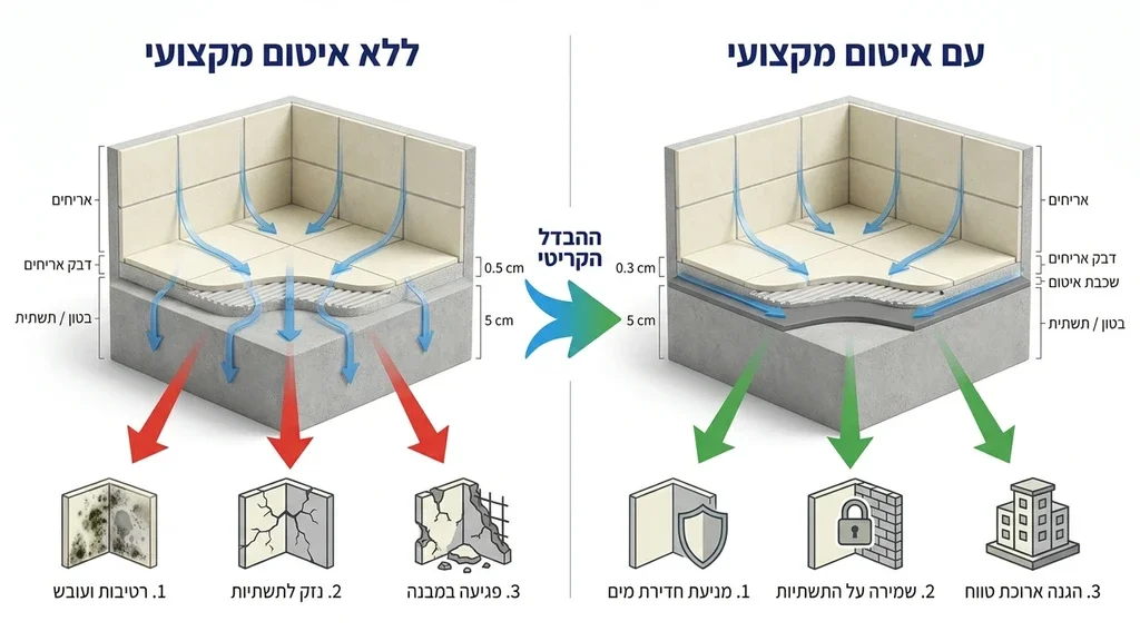 חדר רחצה בתהליך איטום לפני ריצוף