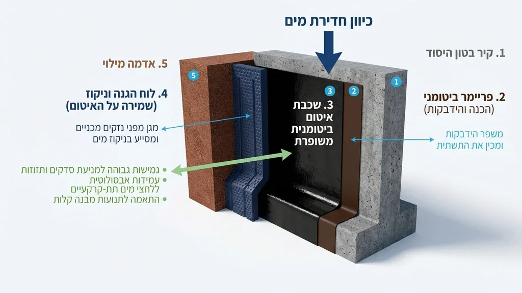 יישום חומרי איטום בהתזה על בסיס ביטומני לקירות תת קרקעיים